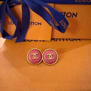 CHANEL Pink and Gold Logo Earrings